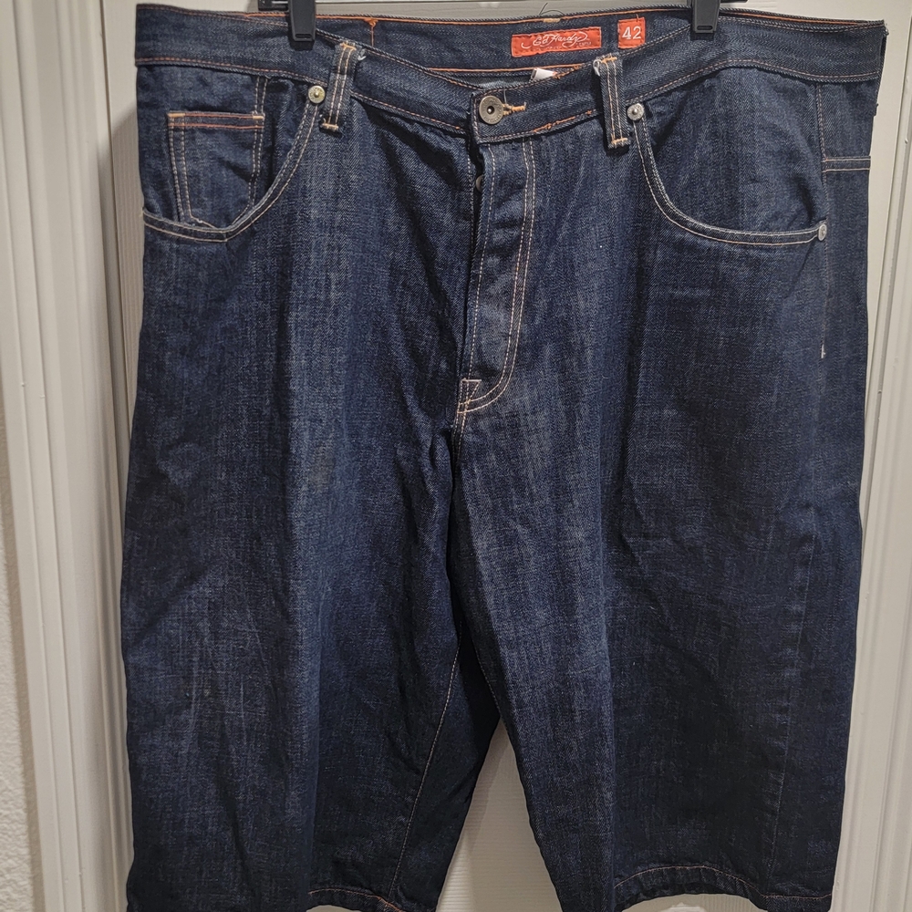 Ed Hardy Dark "The Godfather Pirates" Blue Denim Shorts, Men's Size 42